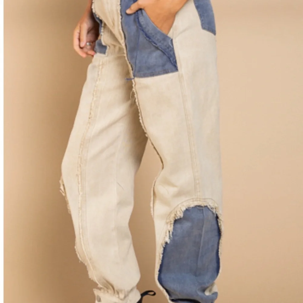 Light tan colored high waist denim with blue pocket detail by POL - Picture 2 of 3